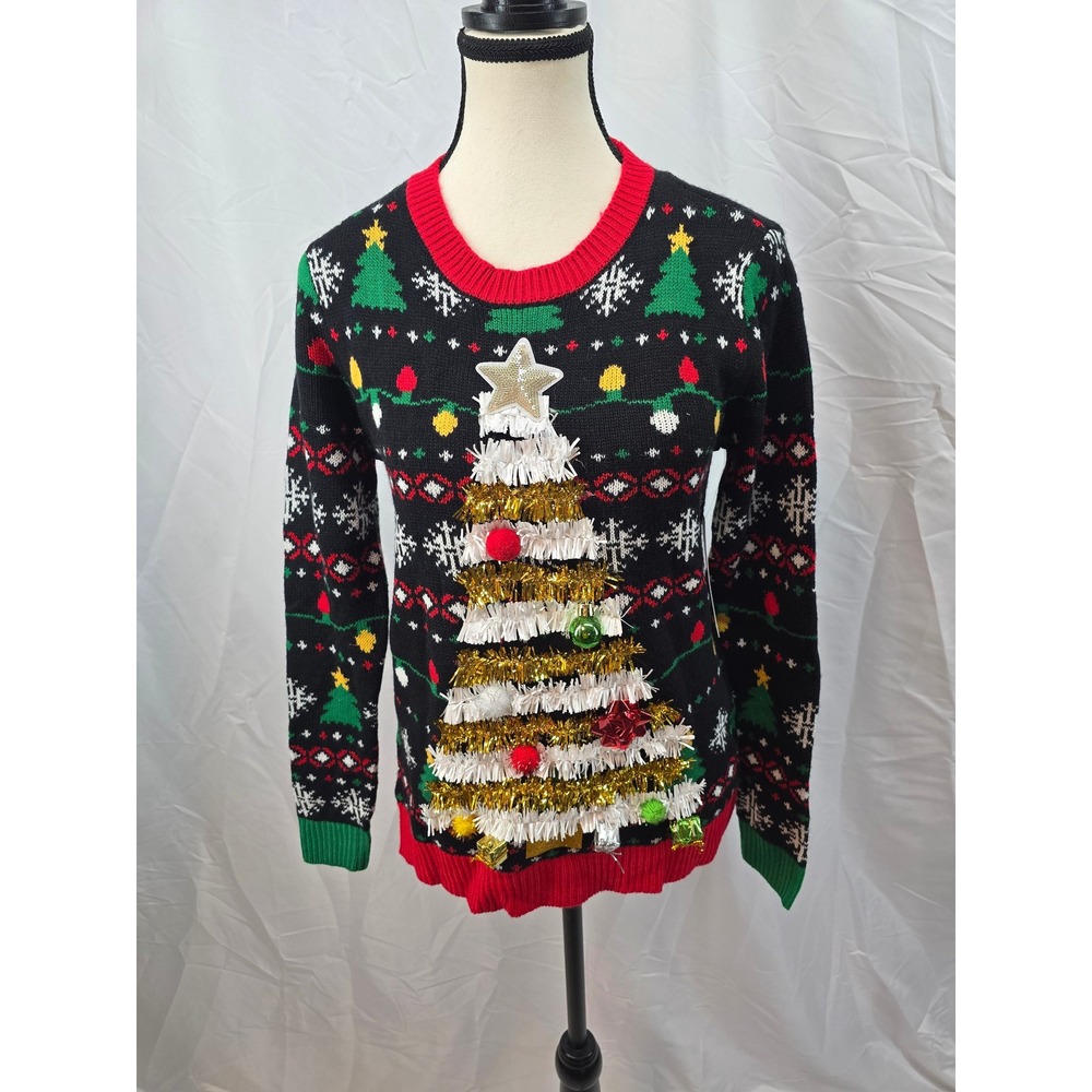 No Boundaries Womens Ugly Christmas Sweater Tree Sequin Red Green Black Size‎ S